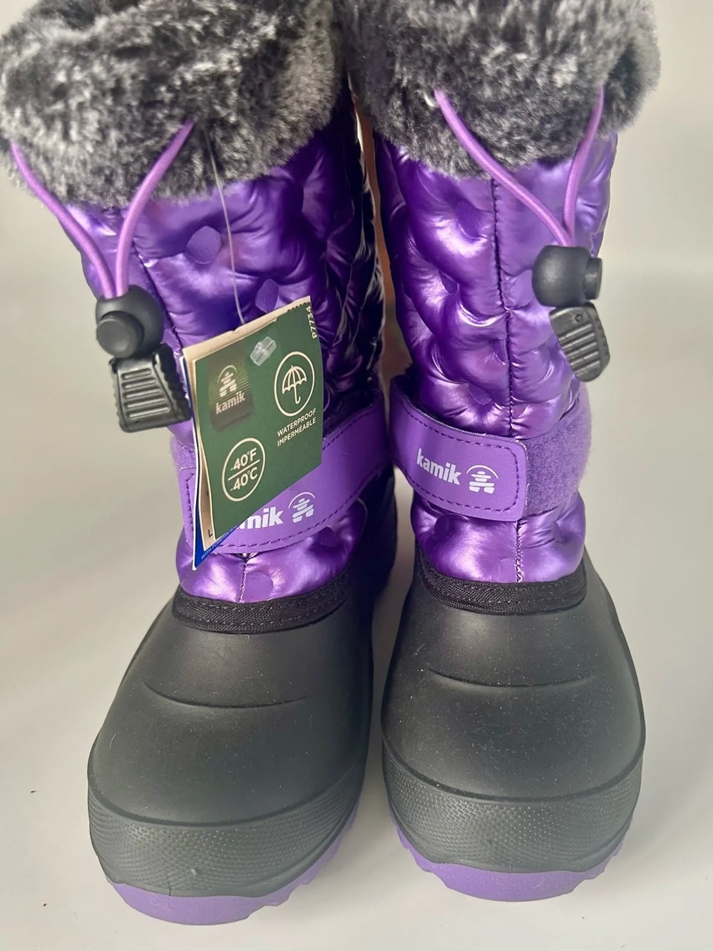 Kamik Purple Quilted Kids Waterproof Winter Boots with Faux Fur Cuff